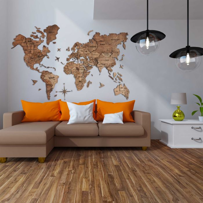 3D World Map Premium Walnut Living Room.